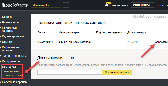 Права доступа в Яндекс Вебмастере