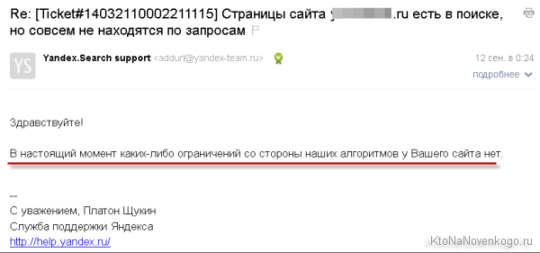 Ответ Платона о снятии с сайта фильтра в Яндексе