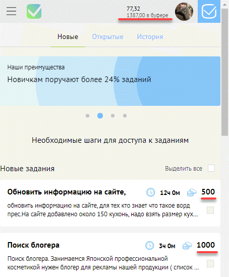 1300 рублей на балансе в Воркзилле