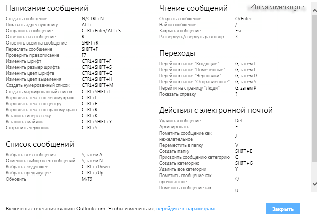 Список горячих клавиш для Аутлук.ком